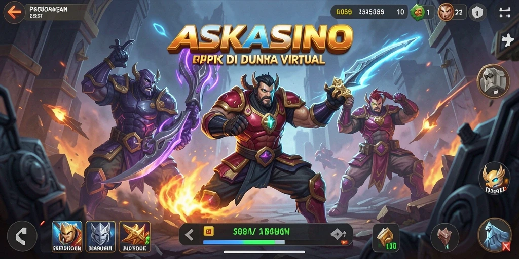 Tampilan pertarungan seru di ASKASINO dengan karakter menarik.
