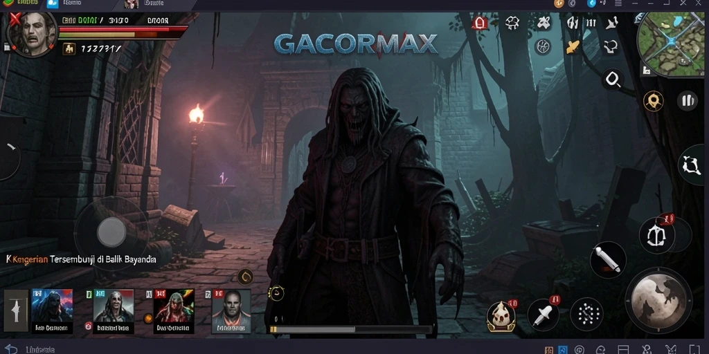 Screenshot menunjukkan gameplay menegangkan di GACORMAX dengan suasana horror yang mencekam.