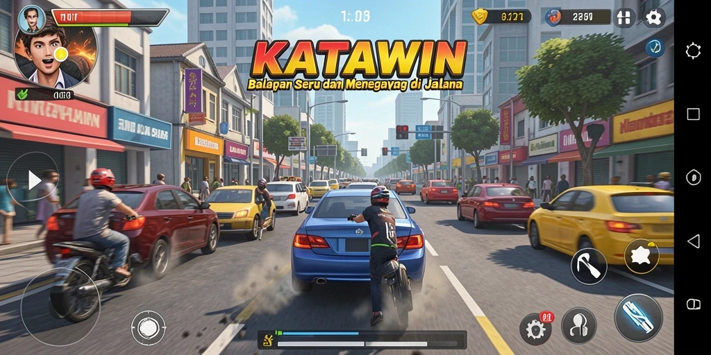 Gameplay KATAWIN yang mendebarkan saat balapan di jalur terbuka.