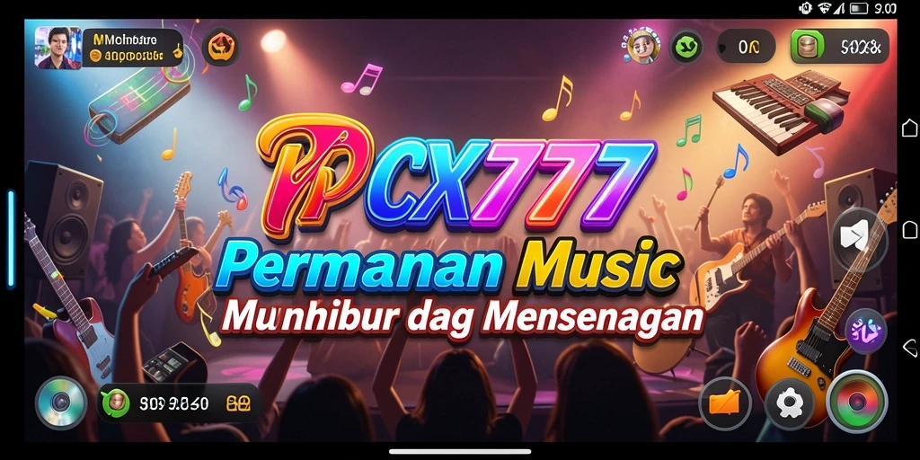 Tampilan gameplay PCX777 dengan suasana musik yang menggembirakan.